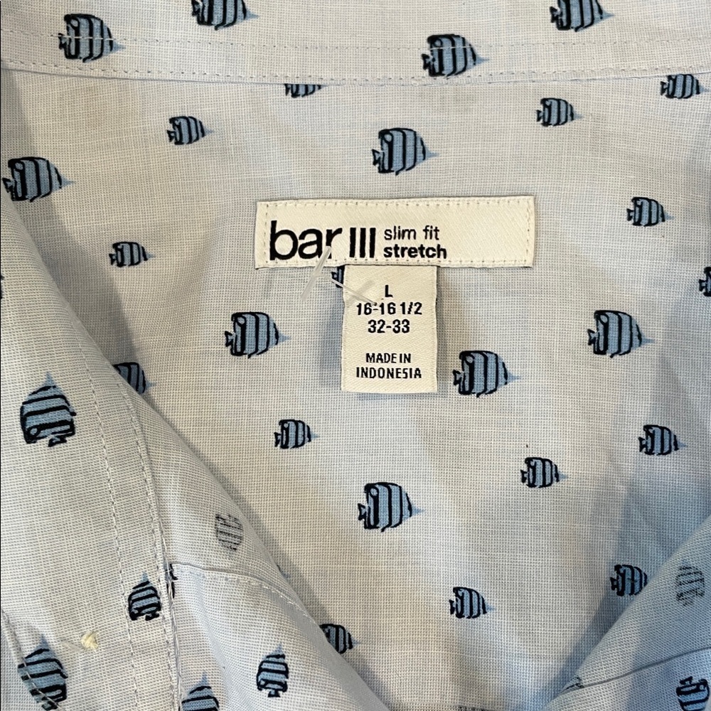 Bar III Blue Fish Pattern Cotton Button Down Shirt - Picture 4 of 5